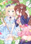  2girls :o alice_in_wonderland animal animal_ears artist_name black_legwear black_ribbon blonde_hair blue_dress blush bow breasts brown_eyes brown_hair closed_mouth club_(shape) collar commentary detached_collar diamond_(shape) dress english_commentary floral_print grass green_eyes hair_bun heart highres holding_playing_card key long_hair lying medium_breasts multiple_girls natsumii_chan neck_ribbon official_art on_back on_grass on_side original oversized_object parted_lips pennant pink_dress pocket_watch print_dress profile puffy_short_sleeves puffy_sleeves rabbit rabbit_ears red_bow ribbon short_sleeves side_bun signature small_breasts smile spade_(shape) string_of_flags striped striped_legwear thigh-highs very_long_hair watch white_bow white_collar wing_collar 