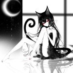  1girl animal_ears artist_name bare_arms bare_legs bare_shoulders barefoot black_choker black_dress black_hair cat_ears cat_tail choker crescent_moon cross cross_choker dress highres knees_up limited_palette long_hair looking_at_viewer moon original red_eyes red_nails reflection sheya short_dress signature sitting smile solo spot_color strapless strapless_dress tail thighs toenail_polish 