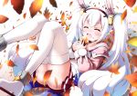  1girl animal_ears autumn_leaves azur_lane bangs camisole closed_eyes commentary_request eating eyebrows_visible_through_hair fake_animal_ears falling_leaves food food_on_face hairband holding holding_food jacket knees_up laffey_(azur_lane) lavender_hair leaf long_hair long_sleeves maple_leaf nitchi off_shoulder open_clothes open_jacket pink_jacket pleated_skirt rabbit_ears red_skirt sidelocks skirt solo strap_slip sweet_potato thigh-highs twintails very_long_hair white_skirt yakiimo 