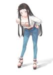  1girl al_mican baozi belt black_hair bracelet brown_eyes casual closed_mouth commentary_request denim food hair_ornament hairclip hand_on_hip high_heels jeans jewelry kamado_nezuko kimetsu_no_yaiba leaning_forward long_hair looking_at_viewer nail_polish older pants red_belt smile sweater white_sweater 