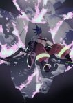  2boys blue_hair fire galo_thymos green_fire green_hair highres ke889 male_focus multiple_boys muted_color promare purple_fire shirtless sitting sleeping static 
