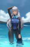  1girl arknights breasts clouds dripping flippers googles highres holding jangsunyo lips long_hair looking_at_viewer medium_breasts ocean open_mouth red_eyes silver_hair simple_background skin_tight solo teeth wading water wet wetsuit 