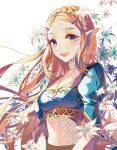  1girl :d absurdres akira_(ying) bangs blonde_hair blurry blurry_foreground blush braid breasts commentary_request crown_braid depth_of_field elf flower forehead green_eyes hair_ornament hairclip heart highres long_hair long_sleeves looking_at_viewer medium_breasts open_mouth parted_bangs pointy_ears princess_zelda puffy_short_sleeves puffy_sleeves short_over_long_sleeves short_sleeves simple_background smile solo the_legend_of_zelda thick_eyebrows upper_body upper_teeth very_long_hair white_background white_flower 