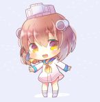  1girl :d bangs blue_background blue_sailor_collar blush brown_eyes brown_hair chibi dress eyebrows_visible_through_hair full_body hair_between_eyes headgear kantai_collection kouu_hiyoyo long_sleeves neckerchief open_mouth sailor_collar sailor_dress sleeves_past_wrists smile socks solo speaking_tube_headset standing upper_teeth white_dress white_legwear yellow_neckwear yukikaze_(kantai_collection) 