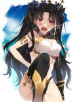  1girl armlet asymmetrical_legwear asymmetrical_sleeves bangs bare_shoulders black_bikini_bottom black_bow black_hair black_legwear blue_sky blush bow breasts detached_sleeves earrings fate/grand_order fate_(series) hair_bow highres hoop_earrings ishtar_(fate/grand_order) jewelry legs long_hair looking_at_viewer neck_ring open_mouth parted_bangs red_eyes satsukinapo single_detached_sleeve sky solo thigh-highs thighs tiara two_side_up white_bikini_top 