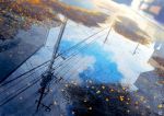  autumn_leaves blue_sky blurry blurry_background building clouds cloudy_sky commentary_request day depth_of_field dutch_angle ginkgo_leaf mocha_(cotton) no_humans original outdoors power_lines puddle reflection scenery signature sky telephone_pole tree water window 