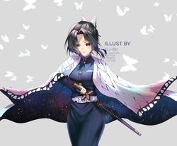  1girl artist_name belt belt_buckle black_hair black_jacket black_pants buckle butterfly_hair_ornament closed_mouth floating_hair gradient_hair grey_background hair_intakes hair_ornament haori holding holding_sword holding_weapon jacket japanese_clothes katana kimetsu_no_yaiba kochou_shinobu kuini military military_jacket military_uniform multicolored_hair pants purple_hair sheath sidelocks smile solo sword uniform unsheathing watermark weapon white_belt 