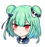  1girl bailingxiao_jiu bangs blue_bow blue_ribbon blush bow double_bun earrings eyebrows_visible_through_hair green_hair hair_bow hair_ornament hololive jewelry looking_at_viewer parted_lips portrait red_eyes ribbon short_hair simple_background skull_earrings skull_hair_ornament solo uruha_rushia v-shaped_eyebrows virtual_youtuber white_background 
