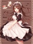  1girl :d absurdres apron black_dress black_neckwear bow bowtie breasts brown_eyes brown_hair cookie cup dress food highres idolmaster idolmaster_cinderella_girls long_dress long_hair looking_at_viewer maid maid_apron maid_headdress medium_breasts munseonghwa open_mouth puffy_short_sleeves puffy_sleeves saucer shimamura_uzuki short_sleeves smile solo spilling tea teacup two_side_up wing_collar 