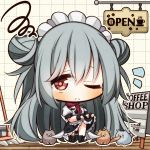  1girl 7:08 apron bucket cat chibi g11_(girls_frontline) girls_frontline highres maid maid_apron maid_cap maid_dress mop one_eye_closed red_eyes sign silver_hair skirt skirt_lift 