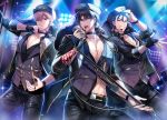  3boys arm_up black_choker black_eyes black_gloves black_hair black_headwear black_jacket black_pants black_shirt blonde_hair blue_hair choker collarbone collared_shirt command_spell commentary_request cross cross_necklace cu_chulainn_(fate/grand_order) dress_shirt earphones earphones fate/grand_order fate/stay_night fate_(series) fingerless_gloves fur-trimmed_jacket fur_trim gilgamesh gloves grin hand_up hat headset highres holding holding_microphone jacket jewelry kotomine_kirei lancer latin_cross long_hair long_sleeves looking_at_viewer low_ponytail male_focus microphone multiple_boys necklace open_clothes open_jacket open_mouth pants parted_lips peaked_cap ponytail purple_vest red_eyes rijjin shirt single_glove smile stage_lights vest 