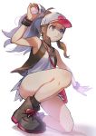  1girl absurdres amenomuri bag baseball_cap black_footwear black_legwear blue_eyes brown_hair collarbone commentary_request frown full_body handbag hat high_ponytail highres holding holding_poke_ball long_hair one_knee outstretched_arm poke_ball poke_ball_print pokemon pokemon_(game) pokemon_bw red_bag shirt sidelocks simple_background sketch sleeveless sleeveless_shirt socks solo touko_(pokemon) very_long_hair white_background white_headwear white_shirt wristband 