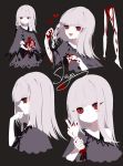  1girl bare_shoulders black_background blood blush_stickers dress grey_dress grey_hair heart highres holding middle_finger multiple_views off-shoulder_dress off_shoulder original profile red_eyes severed_limb sheya simple_background upper_body 