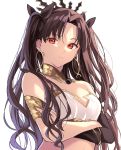  1girl bare_shoulders black_hair crossed_arms crown earrings elbow_gloves eyebrows_visible_through_hair fate/grand_order fate_(series) frown gloves hair_ribbon highres hoop_earrings ishtar_(fate/grand_order) jewelry lq_saku midriff red_eyes ribbon solo two_side_up white_background 
