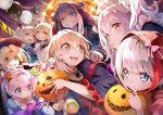  6+girls :d absurdres admiral_graf_spee_(azur_lane) azur_lane bangs black_gloves black_hair black_headwear black_sleeves blonde_hair blue_dress blue_eyes blurry blurry_background bolt bow brown_eyes candy character_request commentary_request crown depth_of_field detached_sleeves deutschland_(azur_lane) dress eyebrows_visible_through_hair fangs flower food food_in_mouth forehead gloves grin hair_between_eyes hair_flower hair_ornament halloween_basket hat head_wings highres hood hood_up hoshizaki_reita huge_filesize jack-o&#039;-lantern javelin_(azur_lane) lollipop long_sleeves macaron maid_headdress marshmallow meowfficer_(azur_lane) mini_crown mouth_hold multicolored_hair multiple_girls nurse_cap open_mouth parted_bangs parted_lips pennant pink_hair puffy_short_sleeves puffy_sleeves purple_hair red_bow red_eyes red_flower red_rose red_wings redhead rose sharp_teeth short_over_long_sleeves short_sleeves silver_hair smile stitches streaked_hair string_of_flags stuffed_animal stuffed_toy stuffed_unicorn swirl_lollipop teeth tilted_headwear twintails upper_teeth v-shaped_eyebrows vampire_(azur_lane) white_dress white_headwear wide_sleeves wings witch_hat 