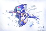  1girl android bingshan blue_eyes blush breasts commentary_request full_body helmet holding holding_weapon ice leviathan_(rockman) pointing pointing_at_viewer polearm rockman signature simple_background skin_tight small_breasts smile solo spear thigh-highs twitter_username water weapon weibo_username 