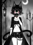  1girl animal_ears bangs black_hair blurry blurry_background cat_ears cat_tail coat crescent_moon earrings gas_mask hair_between_eyes highres jewelry lamppost long_coat looking_at_viewer midriff moon navel night open_clothes open_coat original red_eyes sheya short_hair shorts signature solo standing tail 
