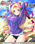  1girl arms_behind_head arms_up ass_visible_through_thighs blonde_hair blue_buruma breasts bucchake_(asami) buruma character_request clouds curly_hair flag flower gym_uniform hair_flower hair_ornament headband jacket koihime_musou large_breasts long_hair official_art outdoors pink_eyes ponytail purple_jacket sky solo thighs very_long_hair 