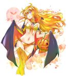  ahoge arm_garter blonde_hair boots breasts cape detached_collar eyewear_on_head fang fang_out gold_bikini halloween highres iesupa large_breasts long_hair midriff navel prosthesis prosthetic_arm pumpkin rwby thigh-highs thigh_boots vampire_costume violet_eyes wavy_hair yang_xiao_long 