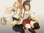  2girls :d atelier_(series) atelier_ryza augu_(523764197) back-to-back bare_shoulders basket belt blonde_hair blue_belt blue_neckwear braid breasts bridal_legwear brown_belt brown_eyes brown_gloves brown_hair brown_hairband carrying dress eyebrows_visible_through_hair flask gloves green_eyes grey_background hair_ornament hairband hairclip jacket jewelry klaudia_valentz large_breasts leather leather_belt leather_gloves long_hair looking_at_viewer multiple_girls necklace open_mouth pantyhose red_shorts reisalin_stout round-bottom_flask short_hair short_shorts shorts single_glove sleeveless sleeveless_jacket smile star star_necklace thick_thighs thigh_pouch thighs vial white_headwear yellow_jacket 