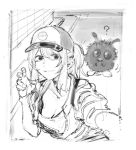  1girl baseball_cap breasts closed_mouth commentary_request cropped_jacket female_protagonist_(pokemon_go) fingerless_gloves gen_1_pokemon gloves hat kotoyama long_hair looking_at_viewer monochrome pokemon pokemon_(creature) pokemon_(game) pokemon_go ponytail self_shot 