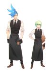  2boys apron black_gloves blue_eyes blue_hair full_body galo_thymos gloves green_hair highres ke889 lio_fotia male_focus multiple_boys necktie promare spiky_hair standing vest violet_eyes waistcoat waiter white_background 