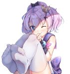  1girl azur_lane blue_eyes cross_hair_ornament crown feet hair_ornament hair_ribbon hairpin jacknavy javelin_(azur_lane) long_hair looking_at_viewer mini_crown no_shoes one_eye_closed ponytail purple_hair ribbon simple_background smile soles solo thigh-highs thighs toes tongue tongue_out white_background white_legwear 