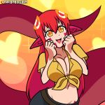  1girl animated animated_gif artist_name belt belt_buckle blinking bouncing_breasts breasts buckle eyebrows_visible_through_hair fangs front-tie_top hair_between_eyes hair_ornament hairclip hands_together heart lamia large_breasts long_hair long_tongue looking_at_viewer midriff miia_(monster_musume) miniskirt monster_girl monster_musume_no_iru_nichijou navel one_eye_closed open_mouth orange_eyes patreon_username pointy_ears redhead scales shirt signature simple_background skirt slit_pupils stretch tied_hair tongue tongue_out twistedgrim yellow_eyes yellow_shirt 