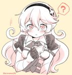  1girl ? armor corrin_(fire_emblem) corrin_(fire_emblem)_(female) eromame fire_emblem fire_emblem_fates hairband long_hair monochrome parted_lips pointy_ears simple_background solo spoken_question_mark twitter_username upper_body 