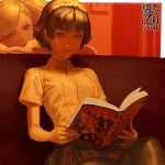  2girls arm_rest atlus bangs bare_arms blonde_hair book braid brown_hair buttons closed_mouth collared_shirt crown_braid cute dated fingernails hair_ornament hairclip head_rest holding holding_book ikeda_(cpt) indoors long_hair looking_down megami_tensei multiple_girls niijima_makoto open_book pantyhose persona persona_5 plaid plaid_skirt reading red_eyes shirt short_hair short_sleeves sitting skirt smile solo_focus swept_bangs takamaki_anne wing_collar 