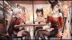  4girls absurdres animal_ears antenna_hair atago_(azur_lane) autumn autumn_leaves azur_lane bare_shoulders black_hair black_skirt blazer bow breasts brown_jacket brown_legwear cake chair cheek_rest closed_mouth commentary_request cup food formidable_(azur_lane) hair_bow hair_ribbon highres holding holding_cup jacket jacket_on_shoulders large_breasts leaf leaves_in_wind letterboxed long_hair long_sleeves looking_at_viewer maple_leaf multicolored_hair multiple_girls off-shoulder_shirt off_shoulder one_eye_closed orange_eyes outdoors pantyhose para3318 pencil_skirt plate ponytail prinz_eugen_(azur_lane) red_shirt ribbon road shirt shirt_tucked_in sign sitting skirt slice_of_cake smile streaked_hair street table takao_(azur_lane) thigh-highs tree two_side_up umbrella watch watch white_bow wing_collar zettai_ryouiki 