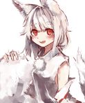  1girl absurdres animal_ears bangs blush commentary_request detached_sleeves eyebrows_visible_through_hair fang highres holding_own_tail inubashiri_momiji looking_at_viewer medium_hair open_mouth pom_pom_(clothes) red_eyes shirt silver_hair simple_background sleeveless sleeveless_shirt solo tail touhou tsuyukusa_(tuyukusa_aaa) upper_body white_background white_shirt wolf_ears wolf_tail 
