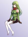  1girl absurdres blue_background brown_gloves brown_pants detached_sleeves fire_emblem fire_emblem:_mystery_of_the_emblem full_body gloves gradient gradient_background green_eyes green_hair green_sleeves headband highres invisible_chair long_hair long_sleeves looking_at_viewer palla_(fire_emblem) pants sitting solo tamamon thigh-highs very_long_hair white_background white_headband white_legwear 