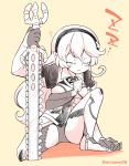 1girl armor barefoot closed_eyes corrin_(fire_emblem) corrin_(fire_emblem)_(female) eromame fire_emblem fire_emblem_fates hairband holding holding_sword holding_weapon long_hair monochrome nintendo parted_lips pointy_ears simple_background sitting sleeping solo spread_legs sword twitter_username weapon