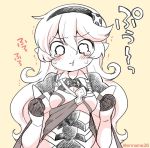  1girl armor closed_mouth corrin_(fire_emblem) corrin_(fire_emblem)_(female) crying crying_with_eyes_open eromame fire_emblem fire_emblem_fates hairband monochrome pointy_ears pout simple_background solo tears twitter_username upper_body 