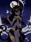  1girl animal_ears ankh armlet artist_name black_hair black_nails bracelet cat_ears cat_tail circlet flat_chest highres jewelry long_hair looking_at_viewer midriff moon original sheya solo tail tattoo thighlet very_long_hair yellow_sclera 