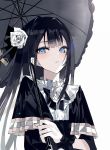  1girl arcaea bangs beckzawachi black_bow black_hair black_ribbon blue_eyes blunt_bangs blush bow collared_blouse dress eyebrows_visible_through_hair eyes_visible_through_hair flower frilled_shirt_collar frills hair_between_eyes hair_flower hair_intakes hair_ornament hair_ribbon highres holding holding_umbrella long_hair long_sleeves looking_at_viewer parasol parted_lips ribbon rose simple_background solo tairitsu_(arcaea) umbrella upper_body white_background white_flower white_rose 