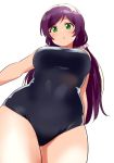  1girl black_swimsuit breasts from_below green_eyes kurokawa_makoto large_breasts long_hair looking_at_viewer love_live! love_live!_school_idol_project low_twintails parted_lips purple_hair school_swimsuit simple_background solo swimsuit toujou_nozomi twintails white_background 