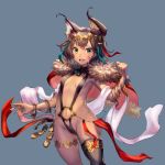  1girl :d animal_ears blue_background bracelet breasts brown_hair cape cat_ears commentary_request facial_mark fur_trim green_eyes hair_ornament jewelry ken-fukuda navel open_mouth original revealing_clothes short_hair single_thighhigh small_breasts smile solo thigh-highs upper_teeth 