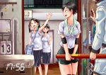  1boy 3girls bangs black_hair breasts elbow_pads gym_storeroom gymnasium jewelry key knee_pads large_breasts multiple_girls original parted_bangs pendant rokujyouwasitu shirt short_hair short_shorts shorts solo_focus timestamp tomboy towel towel_around_neck twintails waving wet wet_clothes wet_shirt wet_t-shirt 