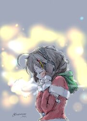  ahoge blush braid brown_hair closed_eyes eyebrows_visible_through_hair green_scarf hair_flaps hair_ornament hair_over_shoulder hands_on_headphones headphones highres kantai_collection mittens remodel_(kantai_collection) santa_costume scarf shigure_(kantai_collection) single_braid suzunone_rin twitter_username 