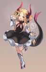  1girl :d abigail_williams_(fate/grand_order) bangs black_bow black_dress blonde_hair blue_eyes blush boots bow commentary cosplay curled_horns detached_sleeves dragon_girl dragon_horns dragon_tail dress elizabeth_bathory_(fate) elizabeth_bathory_(fate)_(all) elizabeth_bathory_(fate)_(cosplay) english_commentary eyebrows_visible_through_hair fang fate/extra fate/extra_ccc fate/grand_order fate_(series) forehead full_body hair_bow hand_up high_heel_boots high_heels highres horns knee_boots long_hair long_sleeves looking_at_viewer miya_(pixiv15283026) open_mouth orange_bow parted_bangs polka_dot polka_dot_bow sleeves_past_wrists smile solo spiked_boots spiked_footwear spikes standing standing_on_one_leg tail tail_raised v v-shaped_eyebrows very_long_hair white_footwear white_sleeves 