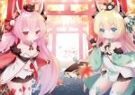  3girls azur_lane bangs bare_shoulders black_gloves black_skirt blonde_hair blurry blurry_background blush breasts character_request closed_mouth commentary_request depth_of_field detached_sleeves eyebrows_visible_through_hair fingerless_gloves fur-trimmed_sleeves fur_trim gloves green_eyes green_sleeves hair_between_eyes hamakaze_(azur_lane) hands_up headgear koko_ne_(user_fpm6842) long_hair long_sleeves looking_at_viewer multiple_girls on_head pink_hair pleated_skirt red_eyes red_sleeves ribbon-trimmed_sleeves ribbon_trim skirt small_breasts smile strapless striped tanikaze_(azur_lane) thigh-highs torii twintails very_long_hair white_legwear wide_sleeves 