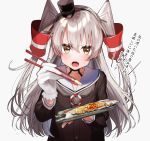  1girl :o amatsukaze_(kantai_collection) bangs black_neckwear blush brown_serafuku chopsticks eyebrows_visible_through_hair fang fish foreshortening furrowed_eyebrows gloves hair_between_eyes hat highres holding holding_chopsticks kantai_collection long_hair long_sleeves looking_at_viewer mini_hat neckerchief pomu_(pomu_me) sailor_collar saury silver_hair simple_background sleeve_cuffs solo two_side_up white_background white_gloves white_sailor_collar yellow_eyes 