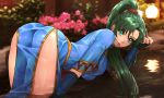  1girl all_fours artist_name ass blue_dress blurry blurry_background breasts dress esther eyebrows_visible_through_hair fire_emblem fire_emblem:_rekka_no_ken fire_emblem:_the_blazing_blade fire_emblem_blazing_sword flower from_behind green_eyes green_hair intelligent_systems lips long_hair looking_at_viewer looking_back lyn_(fire_emblem) lyndis_(fire_emblem) medium_breasts nintendo parted_lips partially_submerged pelvic_curtain ponytail side_slit signature solo super_smash_bros. thighs water wet wet_clothes 