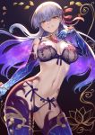  1girl armlet bangs bare_shoulders blue_hair blush bra bracelet breasts collar contrapposto cowboy_shot earrings eyebrows_visible_through_hair fate/grand_order fate_(series) flower hair_between_eyes hair_ribbon hand_up highres jewelry kama_(fate/grand_order) large_breasts lingerie long_hair looking_at_viewer lotus mashuu_(neko_no_oyashiro) metal_collar multicolored_hair navel panties parted_lips purple_bra purple_hair purple_legwear purple_panties red_eyes red_ribbon ribbon short_hair silver_hair skindentation smile solo standing stomach thigh-highs thighlet thighs underwear 