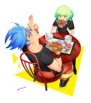  2boys blue_hair chair eating food food_on_face galo_thymos gloves green_hair half_gloves hamburger highres ke889 lio_fotia looking_at_viewer looking_back male_focus multiple_boys promare sitting table wristband 