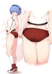  1girl absurdres adjusting_buruma adjusting_clothes alternate_costume blue_eyes blue_hair blush breasts buruma buruma_pull deru06 gym_shirt gym_uniform hair_ornament hair_over_one_eye highres looking_at_viewer re:zero_kara_hajimeru_isekai_seikatsu red_buruma rem_(re:zero) ribbon shirt short_hair solo x_hair_ornament 