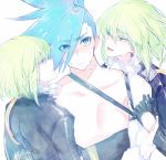  3boys blue_eyes blue_hair blush clone eyes_visible_through_hair galo_thymos gloves green_hair half_gloves highres lio_fotia male_focus multiple_boys promare rei_snow_garden spiky_hair wet yaoi 