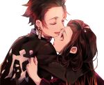  1boy 1girl arm_around_neck brother_and_sister brown_hair closed_mouth clothes_writing earrings eyelashes fingernails haru_mm2 hug jewelry kamado_nezuko kamado_tanjirou kimetsu_no_yaiba looking_at_another parted_lips pink_eyes profile sharp_fingernails siblings simple_background smile upper_body white_background 